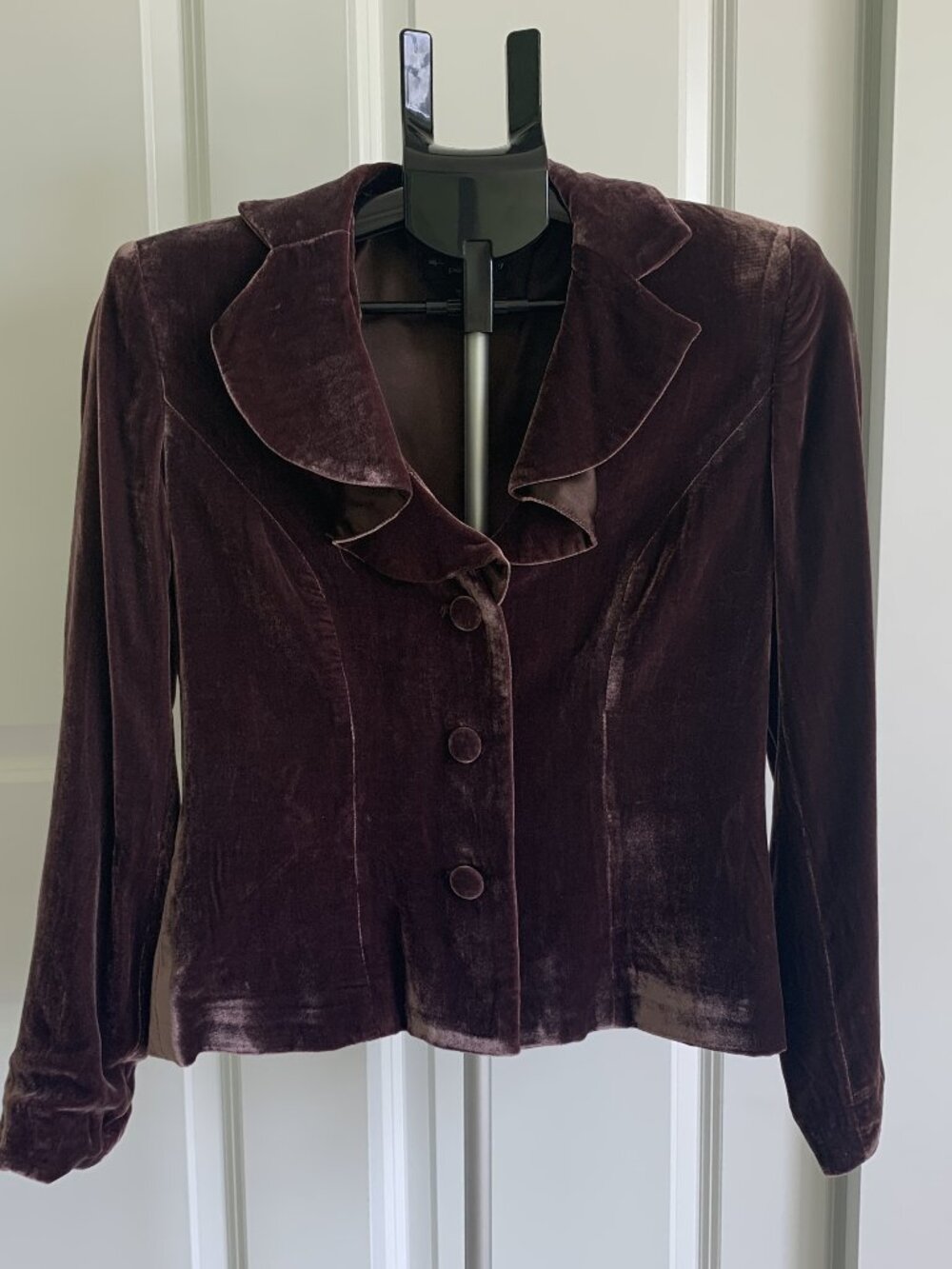 Spenser Jeremy Petite Velvet Blazer Women’s 6P Brown Ruffle Collar Y2K Vintage